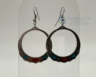 Sterling Silver Hoop Earrings with Turquoise and Coral Inlay