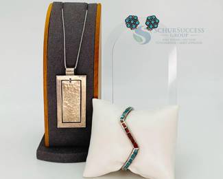 Silver Necklace, Bracelet, Earrings with Turquoise and Coral