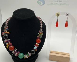Colorful Beaded Necklace and Red Drop Earrings