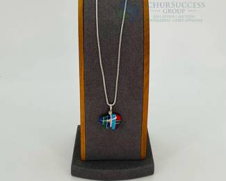 Sterling Silver Necklace with Multicolor Bear Inlay Pendant