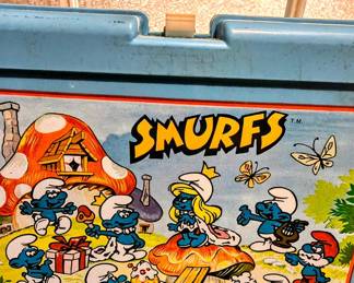 Vintage Smurfs 1985 Plastic Lunch BoxBlue, With Yellow Thermos JEN8073 $34.99