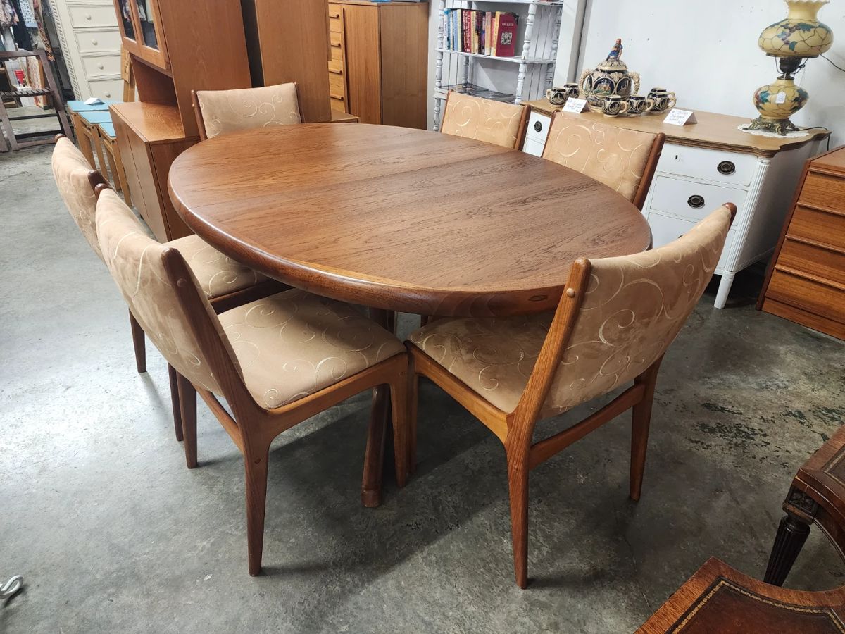 Mid Century Modern Teak Dining Table marked Interform Collection Denmark and 6 Teak Chairs attributed to Johannes Anderson for Uldum