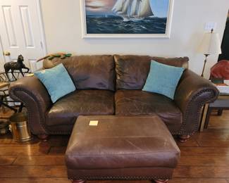 2 Seat Leather Sofa w/ Ottoman
