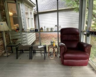 Outdoor tables, lamp, and a chair