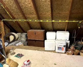 Coolers and wooden boxes
