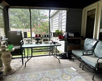 Glass table with 4 chairs, Chairs, plant stand, and miscellaneous items