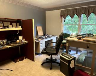 Drafting table, chairs, metal desk, paper shredder
