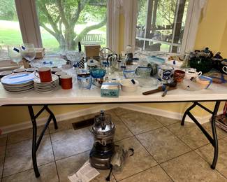 Card plates and cups, tea pots, and miscellaneous other kitchen items