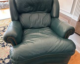 Hancock & Moore green leather armchair (does not recline) and matching ottoman. Chair measures 36"W x 49"D x 35"H and ottoman 27" x 21" x 14"H