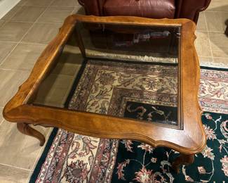 Wood coffee table with glass insert 38" x 38" x 17"H