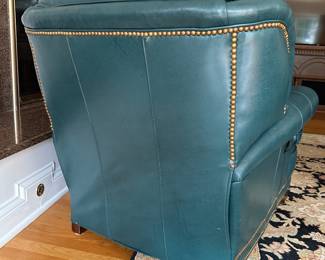 Hancock & Moore green leather armchair (does not recline) and matching ottoman. Chair measures 36"W x 49"D x 35"H and ottoman 27" x 21" x 14"H