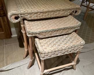 (3) wicker stacking tables Largest table measures 28"W x 18"D x 23"H