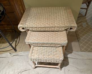 (3) wicker stacking tables Largest table measures 28"W x 18"D x 23"H