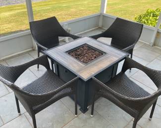 Propane fireplace table with chairs. Height 24 1/2 inches, width and length 30 inches.