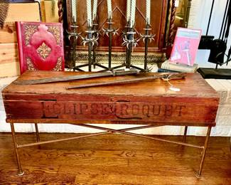 ANTIQUE ECLIPSE CROQUET BOX ON STAND. WHAT A FUN TABLE!