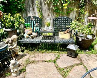 VINTAGE METAL BLACK WOVEN BENCH WITH TABLE.