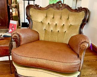 STUNNING COWBOYS AND INDIANS MOHAIR AND LEATHER ANTIQUE TUFTED ARM CHAIR!
