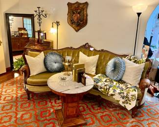 THE AMAZING COWBOYS AND INDIANS CURVED ANTIQUE TUFTED MOHAIR AND LEATHER SOFA! WOW! EASILY UPDATE WITH PILLOWS!