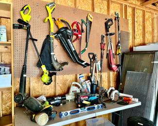 YARD TOOLS INCLUDING RYOBI, FISKARS, ETC.