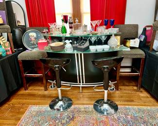 FUN RETRO STYLE BAR IN BLACK AND CHROME FULL OF BOHEMIAN CUT-TO-CLEAR CRYSTAL, VEITRI, MICHAEL ARAM, WATERFORD, POTTERY BARN.