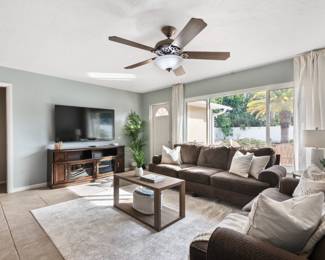 65" TV, TV console, coffee table, artificial palm plant, brown couch and love seat set, throw pillows, area rug, table lamp