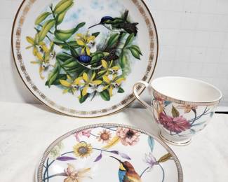 HUMMINGBIRD THEMED TEACUPS AND PLATE