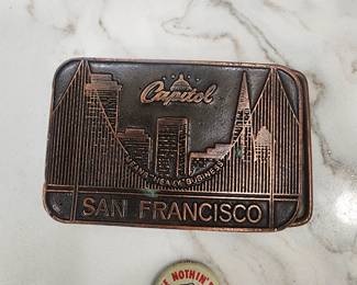 1970 CAPITOL RECORD NEW BELT BUCKLE AND ELVIS HOUN' DOG PIN