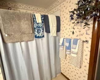 Blue, Gray, White, and Tan bath linens, rugs, and acceories 