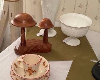 Winnie the Pooh Children's Set and a Wooden Mushroom Hand Carved Wooden Piece of Art
