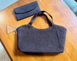 MCM, c.1950-60's, Brown CORDE Purse with a clear triangular attached "charm" and a matching Wallet