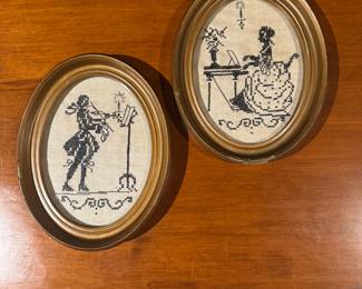 Framed Victorian Musicians Cross Stitched on Linen