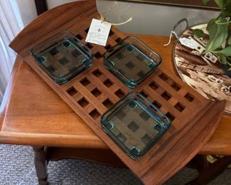 c.1950's Danish Teak Lattice, with  and Green Glass Bowls 