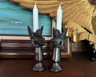 Antique Pair of Hand Sculptured Angel Candle Holders, each one is a one-of-a-kind piece of art