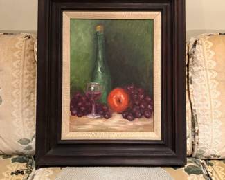 Fruit and Wine Oil Painting, framed and signed by Joyce Lewis