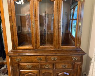 Vintage Wood China Hutch Cabinet with Bubble Glass