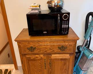 Microwave and Wood Kitchen Cart on Casters