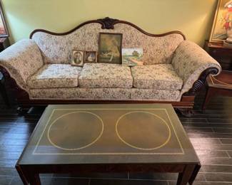 Vintage Victorian Empire Style Sofa                    
    Remarkable condition.           Leather- Top table or inset Leather is inlaid embossed Gold tooling