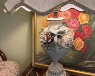 2 Vintage Beautiful Rembrandt  Porcelain Lamp 1.lamp good condition 2. lamp broken wings on birds as-is priced 