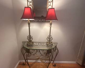 Wrougt Iron table, lamps and mirror