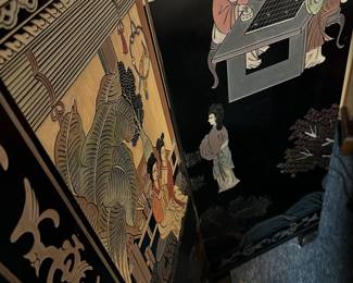 Vintage 1940’s Coromandel Chinese four Panel carved two sided hinged screen. Soft pastels in a black background 72” high.
Asking price $795