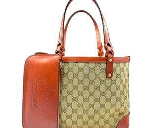 Gucci GG Canvas & Brown Leather Tote Bag with Pouch