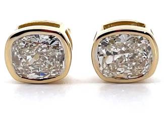 3 Carat Diamond Oval-Cushion Cut Solitaire Bezel Stud Earrings in 14k Yellow Gold