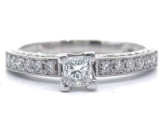 0.50 Carat Princess & Round Natural Diamond Textured Ring in 14k White Gold