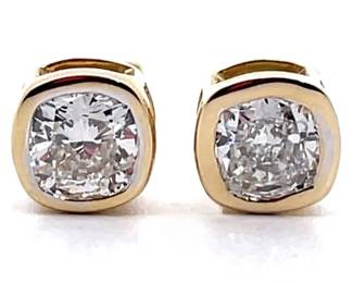 Modern 1 Carat Diamond Solitaire Cushion Bezel Stud Earrings in 14k Yellow Gold