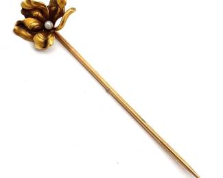 Cindy Cash Owned | White Cultured Pearl Blooming Flower Vintage Stick Pin in 14k Yellow Gold