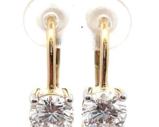 2 Carat Diamond Solitaire Drop Wire Earrings in 14k Yellow Gold w/ Lever Backs