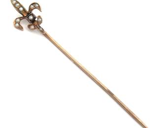 Cindy Cash Owned | White Seed Pearl Fleur de Lis Stick Pin in Yellow Gold
