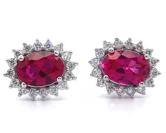 0.34 Carat Ruby & Diamond Oval Cluster Stud Earrings in 14k White Gold