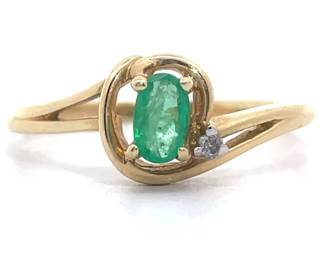 Genuine Emerald & Natural Diamond Love Knot Bypass Ring in 14k Yellow Gold
