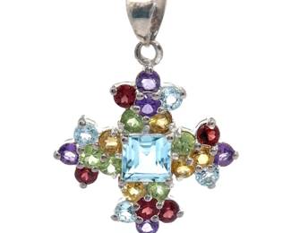 Semi-Precious Gemstone Cluster Cross Pendant; Amethyst, Citrine, Garnet, Blue Topaz, Peridot